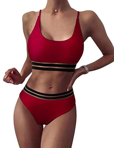 heekpek Damen Bikini Set Brazilian Bikini Damen Sexy 2-Teilig Badeanzug Transparente Streifen U Ausschnitt Bandeau Bademode Zweiteiliger Badeanzug Swimsuit,Rotwein, L von heekpek