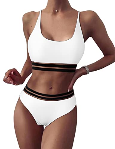 heekpek Damen Bikini Set Brazilian Bikini Damen Sexy 2-Teilig Badeanzug Transparente Streifen U Ausschnitt Bandeau Bademode Zweiteiliger Badeanzug Swimsuit,Weiß, S von heekpek