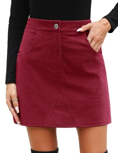 heekpek Damen Cordrock Minirock Hohe Taille Rock Damen Herbst Winter Mini Skirt Wickelrock A-Linie Business Rock Kurz mit Taschen, Burgund, XXL von heekpek