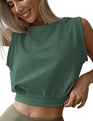 heekpek Damen Crop Tops Ärmelloses Shirt Locker Lässige Tank Top Damen Sport Baumwoll Rundhals Sommer Bluse T Shirt Oberteile für Yoga Running Gym, Dunkelgrün, L von heekpek