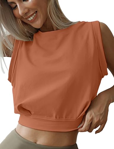 heekpek Damen Crop Tops Ärmelloses Shirt Locker Lässige Tank Top Damen Sport Baumwoll Rundhals Sommer Bluse T Shirt Oberteile für Yoga Running Gym, Orange, L von heekpek