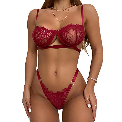heekpek Damen Dessous-Sets Lingerie Push up BH and Slip Babydoll Spitze Unterwäsche Set Frauen V-Ausschnitt Reizwäsche (weinrot, M) von heekpek