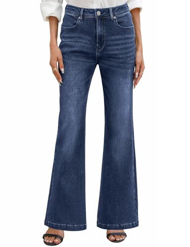 heekpek Damen Jeans Flared Weites Bein High Waist Damenjeans Stretch Hose Bequeme Jeanshose Casual Schlaghose Jeans Damenhosen, Dunkelblau, XXL von heekpek