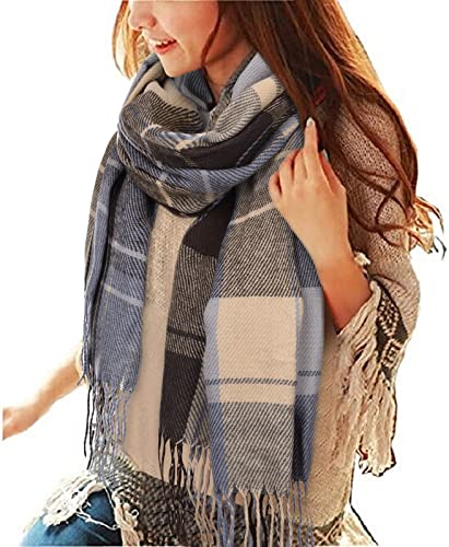 heekpek Damen Kariert Oversized Kaschmir Schal Lange Winterschal Weich Wraps Groß Karo Fransen Schal Warm Schal für Herbst Winter, Grau und bläulich von heekpek