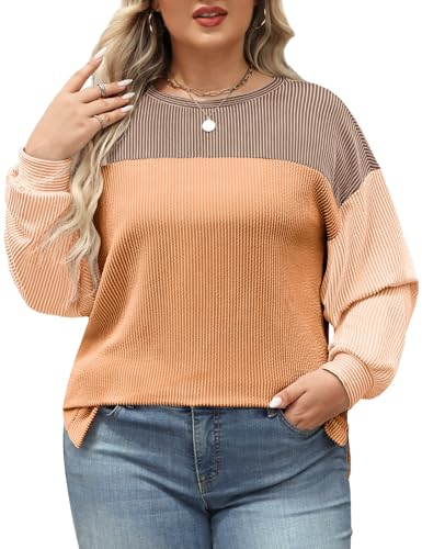 heekpek Damen Langarmshirt Oberteil Große Größen Tops Rundhals Tshirt Damen Oversize Color Block Casual Pullover, Beige, XXXXL von heekpek