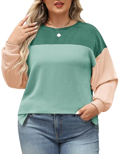 heekpek Damen Langarmshirt Oberteil Große Größen Tops Rundhals Tshirt Damen Oversize Color Block Casual Pullover, Grün, XXXXXL von heekpek