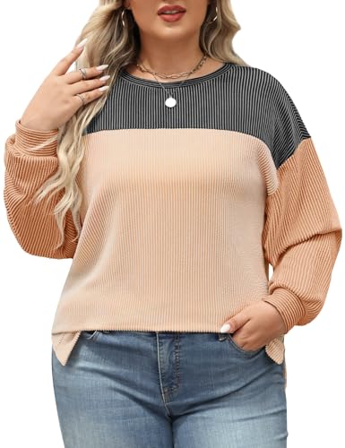 heekpek Damen Langarmshirt Oberteil Große Größen Tops Rundhals Tshirt Damen Oversize Color Block Casual Pullover, Schwarz, XXXXXL von heekpek