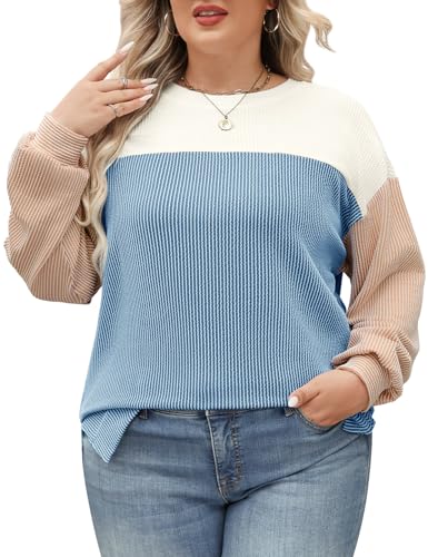 heekpek Damen Langarmshirt Oberteil Große Größen Tops Rundhals Tshirt Damen Oversize Color Block Casual Pullover, Weiß Blau, XL von heekpek