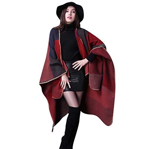 heekpek Damen Poncho Cape übergroßer Winter XXL Damen Schal Langer Hochwertiges Reversible Cape Poncho Patchwork Design Deckenstoffschaln Schalcape Herbstschal Winterschal Karo Tartan Plaid von heekpek