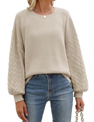 heekpek Damen Pullover Herbst Winter Elegante Rundhals Langarm Strickpullover Warme Weich Winterpullover Damenpullover Lose Strick Pullover, Beige, S von heekpek
