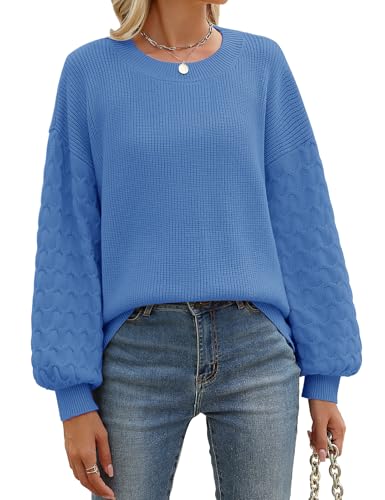 heekpek Damen Pullover Herbst Winter Elegante Rundhals Langarm Strickpullover Warme Weich Winterpullover Damenpullover Lose Strick Pullover, Blau, XL von heekpek
