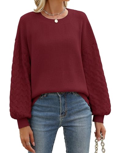 heekpek Damen Pullover Herbst Winter Elegante Rundhals Langarm Strickpullover Warme Weich Winterpullover Damenpullover Lose Strick Pullover, Burgund, XL von heekpek