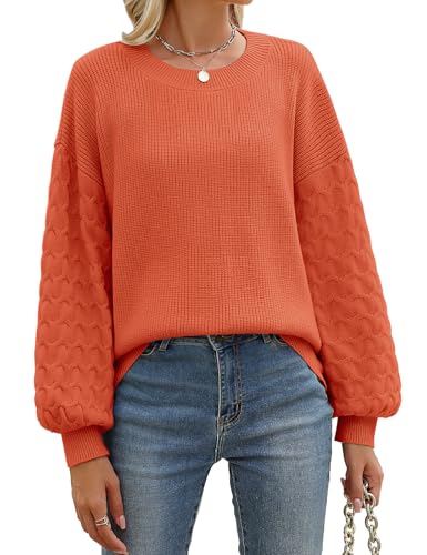 heekpek Damen Pullover Herbst Winter Elegante Rundhals Langarm Strickpullover Warme Weich Winterpullover Damenpullover Lose Strick Pullover, Orange, L von heekpek