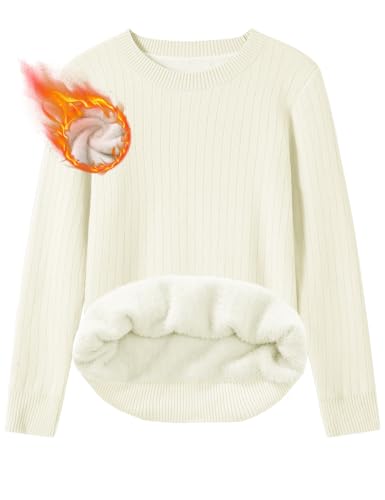 heekpek Damen Pullover Rundhalsausschnitt Fleece Strickpullover Damen Herbst Winter Warm Winterpullover Elegant Dicker Pullover Mit Fleece, Beige, XL von heekpek
