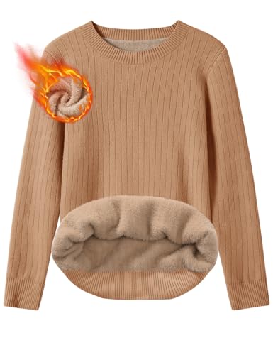 heekpek Damen Pullover Rundhalsausschnitt Fleece Strickpullover Damen Herbst Winter Warm Winterpullover Elegant Dicker Pullover Mit Fleece, Khaki, L von heekpek