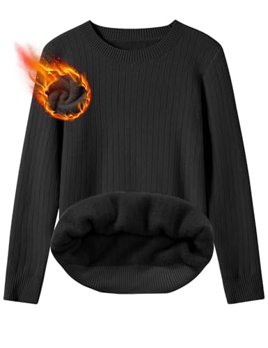 heekpek Damen Pullover Rundhalsausschnitt Fleece Strickpullover Damen Herbst Winter Warm Winterpullover Elegant Dicker Pullover Mit Fleece, Schwarz, XL von heekpek