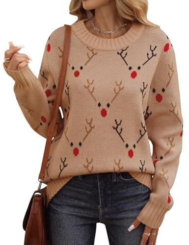 heekpek Damen Pullover Weihnachten Rundhals Ausschnitt Damenpullover Langarm Winter Dicke Strickpullover Oversize Winterpullover Warm Weihnachtspullover, Khaki Elch, S von heekpek
