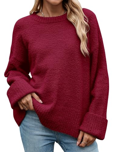 heekpek Damen Pullover Winter Oversize Warme Rundhalsausschnitt Strickpullover Weicher Winterpullover Plüsch Lockerer Lässige Pullover Damen Herbst, Claret, XL von heekpek