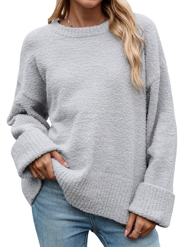 heekpek Damen Pullover Winter Oversize Warme Rundhalsausschnitt Strickpullover Weicher Winterpullover Plüsch Lockerer Lässige Pullover Damen Herbst, Hellgrau, XL von heekpek