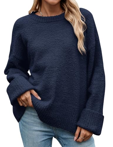 heekpek Damen Pullover Winter Oversize Warme Rundhalsausschnitt Strickpullover Weicher Winterpullover Plüsch Lockerer Lässige Pullover Damen Herbst, Marineblau, XL von heekpek