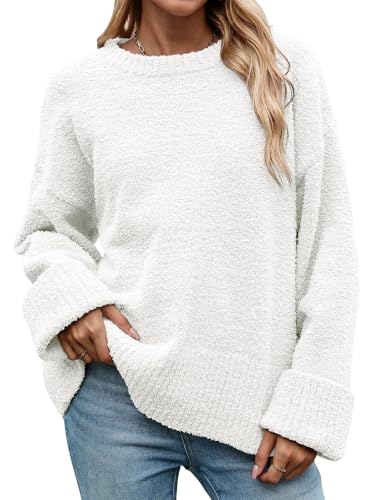heekpek Damen Pullover Winter Oversize Warme Rundhalsausschnitt Strickpullover Weicher Winterpullover Plüsch Lockerer Lässige Pullover Damen Herbst, Weiß, S von heekpek