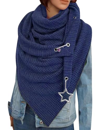 heekpek Damen Schals Warmer Dreieckschal mit Button Winterschals Retro Damen Wickelschal Lässige Herbstschal Winterschal Halstücher übergroßer Weich Scarf Poncho (Blau D) von heekpek
