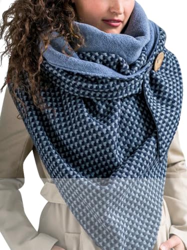 heekpek Damen Schals Warmer Dreieckschal mit Button Winterschals Retro Damen Wickelschal Lässige Herbstschal Winterschal Halstücher übergroßer Weich Scarf Poncho (Navy blau E) von heekpek