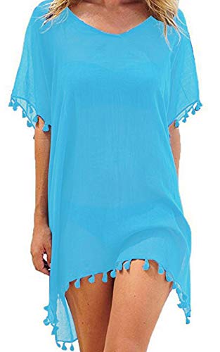 heekpek Damen Strandkleid Sommerkleid Bikini Cover Up Fransen Strandkleid Sommer Bademode Longshirt Tunika Strandponcho (Blau) von heekpek