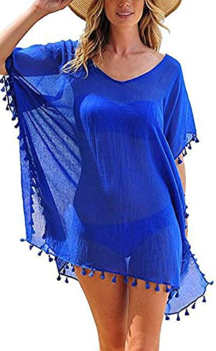 heekpek Damen Strandkleid Sommerkleid Bikini Cover Up Fransen Strandkleid Sommer Bademode Longshirt Tunika Strandponcho (Dunkelblau) von heekpek