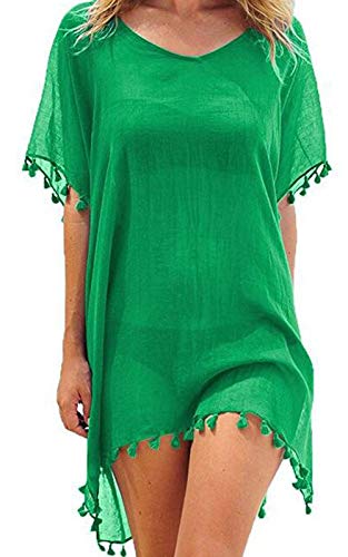 heekpek Damen Strandkleid Sommerkleid Bikini Cover Up Fransen Strandkleid Sommer Bademode Longshirt Tunika Strandponcho (Grün) von heekpek