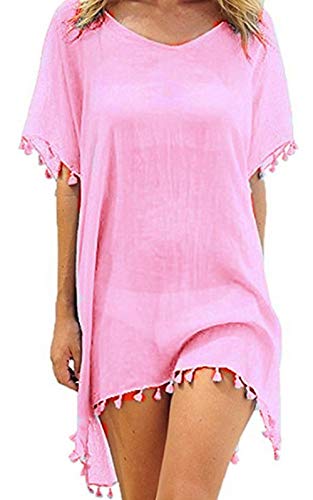 heekpek Damen Strandkleid Sommerkleid Bikini Cover Up Fransen Strandkleid Sommer Bademode Longshirt Tunika Strandponcho (Rosa) von heekpek