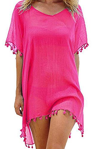 heekpek Damen Strandkleid Sommerkleid Bikini Cover Up Fransen Strandkleid Sommer Bademode Longshirt Tunika Strandponcho (Rosa Pink) von heekpek