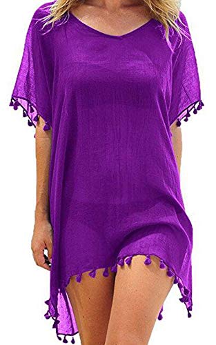 heekpek Damen Strandkleid Sommerkleid Bikini Cover Up Fransen Strandkleid Sommer Bademode Longshirt Tunika Strandponcho (lila) von heekpek