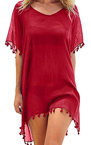 heekpek Damen Strandkleid Sommerkleid Bikini Cover Up Fransen Strandkleid Sommer Bademode Longshirt Tunika Strandponcho (rot) von heekpek