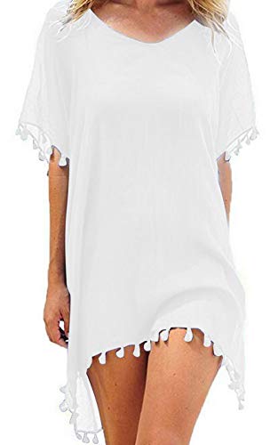 heekpek Damen Strandkleid Sommerkleid Bikini Cover Up Fransen Strandkleid Sommer Bademode Longshirt Tunika Strandponcho (Weiß) von heekpek