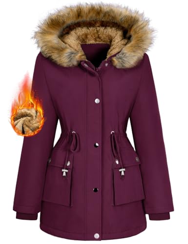 heekpek Damen Wintermantel Warm Wasserdichter Gefüttert Winterjacke Damen Mittellange Winterparka mit Verstellbarer Taille und Abnehmbare Zierleiste, L, Weinrot von heekpek