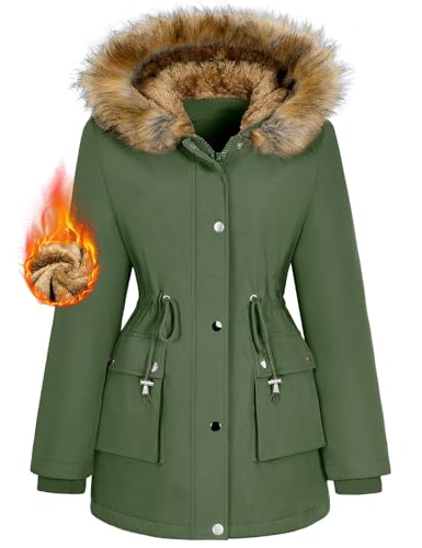 heekpek Damen Wintermantel Warm Wasserdichter Gefüttert Winterjacke Damen Mittellange Winterparka mit Verstellbarer Taille und Abnehmbare Zierleiste, M, Armeegrün von heekpek