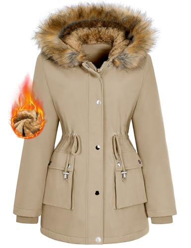 heekpek Damen Wintermantel Warm Wasserdichter Gefüttert Winterjacke Damen Mittellange Winterparka mit Verstellbarer Taille und Abnehmbare Zierleiste, S, Khaki von heekpek