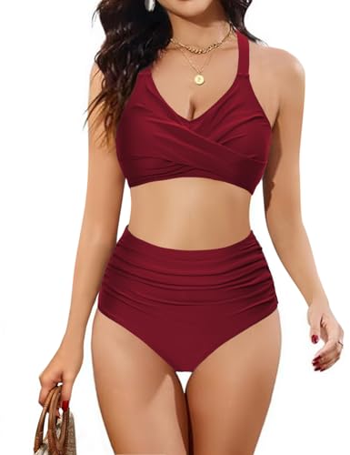 heekpek Damen Zweiteiliger Badeanzug Bauchweg V-Ausschnitt Bikini Damen Set Bademode mit Cross Bikini-Oberteil und Hohe Taille Bikini-Unterteile, Burgund, L von heekpek
