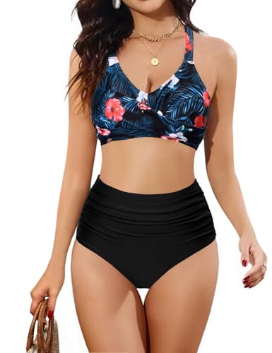 heekpek Damen Zweiteiliger Badeanzug Bauchweg V-Ausschnitt Bikini Damen Set Bademode mit Cross Bikini-Oberteil und Hohe Taille Bikini-Unterteile, Druck A, XXL von heekpek