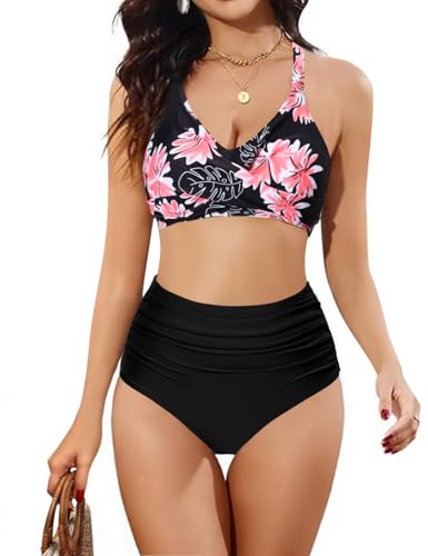 heekpek Damen Zweiteiliger Badeanzug Bauchweg V-Ausschnitt Bikini Damen Set Bademode mit Cross Bikini-Oberteil und Hohe Taille Bikini-Unterteile, Druck B, M von heekpek