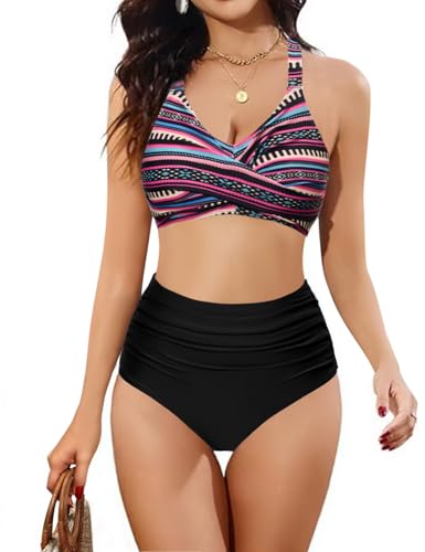 heekpek Damen Zweiteiliger Badeanzug Bauchweg V-Ausschnitt Bikini Damen Set Bademode mit Cross Bikini-Oberteil und Hohe Taille Bikini-Unterteile, Druck C, L von heekpek
