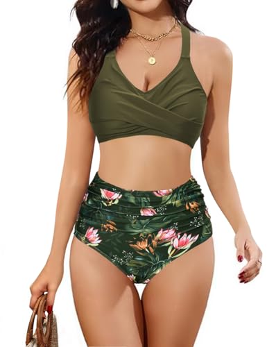 heekpek Damen Zweiteiliger Badeanzug Bauchweg V-Ausschnitt Bikini Damen Set Bademode mit Cross Bikini-Oberteil und Hohe Taille Bikini-Unterteile, Grün, XXL von heekpek