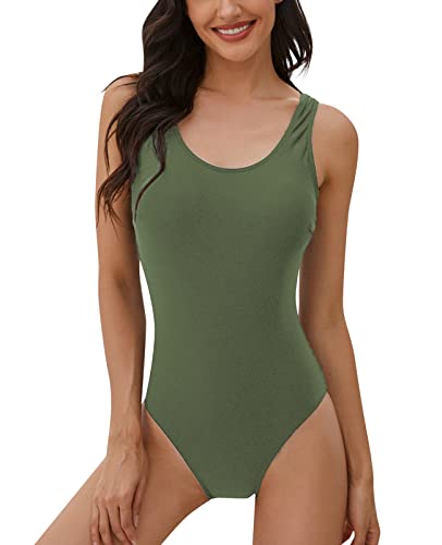 heekpek Einteiliger Badeanzug Damen Bauchweg Frau Bademode Sport Weste Gradient Badeanzug Slim Fit Strandmode Rückenfreier Swimsuit Push-up Gepolstert Schwimmanzug(Armeegrün,M) von heekpek