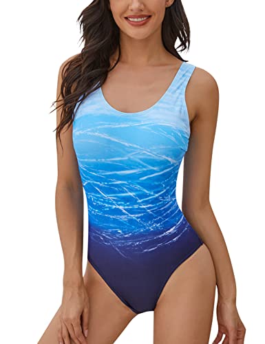 heekpek Einteiliger Badeanzug Damen Bauchweg Frau Bademode Sport Weste Gradient Badeanzug Slim Fit Strandmode Rückenfreier Swimsuit Push-up Gepolstert Schwimmanzug(Blauer Farbverlauf,L) von heekpek