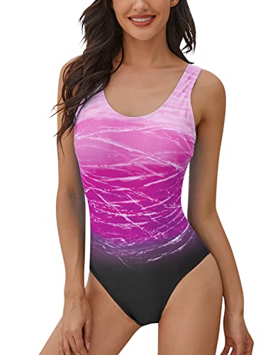 heekpek Einteiliger Badeanzug Damen Bauchweg Frau Bademode Sport Weste Gradient Badeanzug Slim Fit Strandmode Rückenfreier Swimsuit Push-up Gepolstert Schwimmanzug(Violett,L) von heekpek