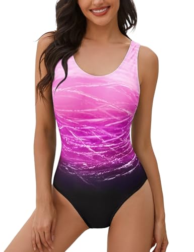 heekpek Einteiliger Badeanzug Damen Bauchweg Frau Bademode Sport Weste Gradient Badeanzug Slim Fit Strandmode Rückenfreier Swimsuit Push-up Gepolstert Schwimmanzug(Violett,S) von heekpek