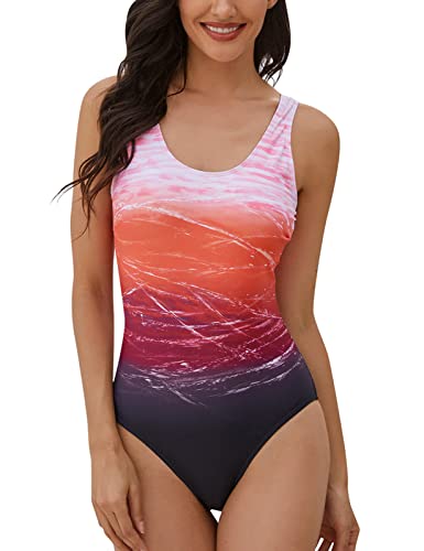 heekpek Einteiliger Badeanzug Damen Bauchweg Frau Bademode Sport Weste Gradient Badeanzug Slim Fit Strandmode Rückenfreier Swimsuit Push-up Gepolstert Schwimmanzug(roter Farbverlauf,L) von heekpek