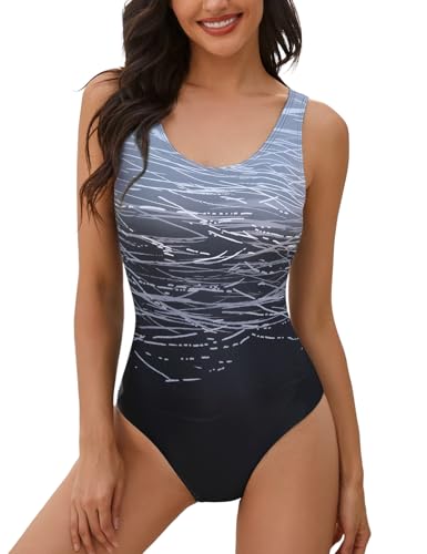 heekpek Einteiliger Badeanzug Damen Sport Weste Gradient Badeanzug Bauchweg Hoher Taille Slim Fit Bademode Swimsuit, Schwarz-b, S von heekpek