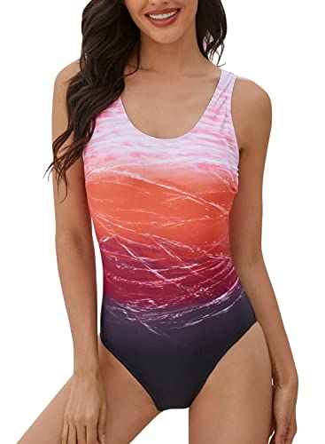 heekpek Einteiliger Badeanzug Damen Sport Weste Gradient Badeanzug Bauchweg Hoher Taille Slim Fit Bademode Swimsuit von heekpek